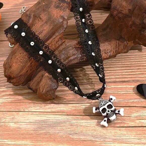 Skull Choker Necklace Lace Goth Emo Rave Scene Skeleton Sexy Trendy Bones Dangle - Picture 2 of 4